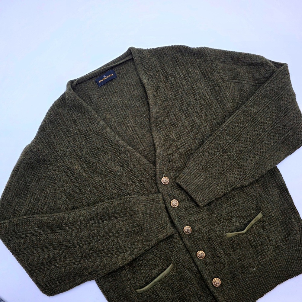 Puritan Mens Vintage Ribbed Cardigan Sweater Olive Green Gold Crest Button L